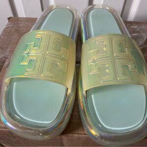Preowned Tory Burch Iridescent Pale Mint Slide Sandals size 11B